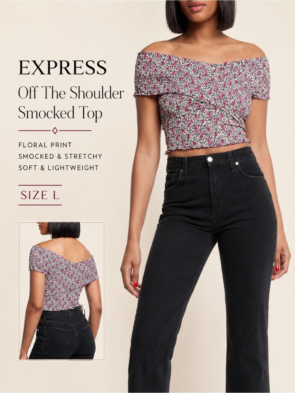 Express Floral Smocked Off Shoulder Wrap Top‎ Size L NWT